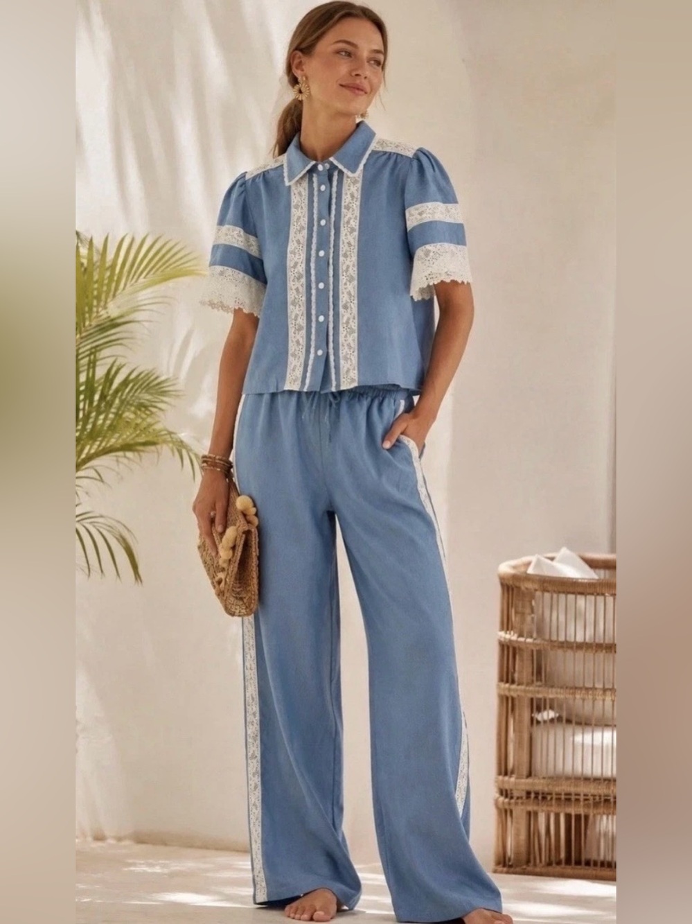NWT Caroline Constas Linen Pants Top Set S Lace Trim Euro Summer ResortChic 2PC